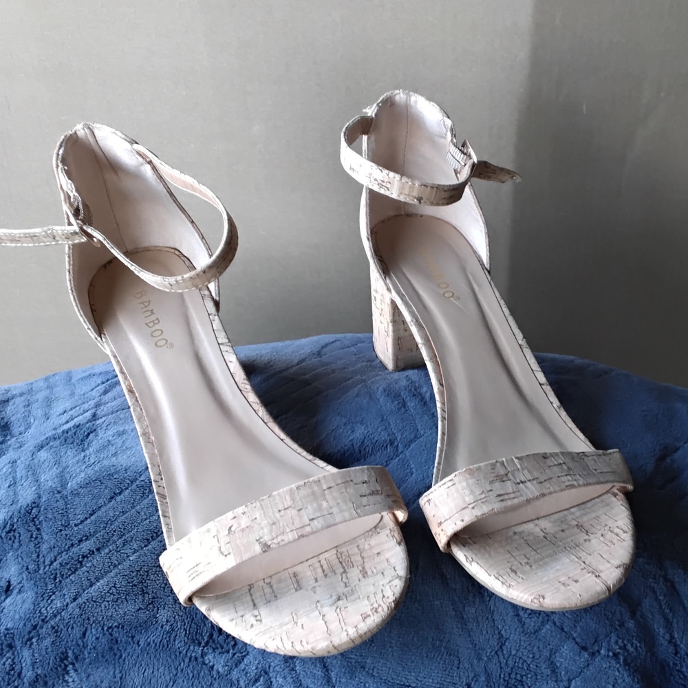 BAMBOO Cream Heels with Ankle Strap And Block Heel.